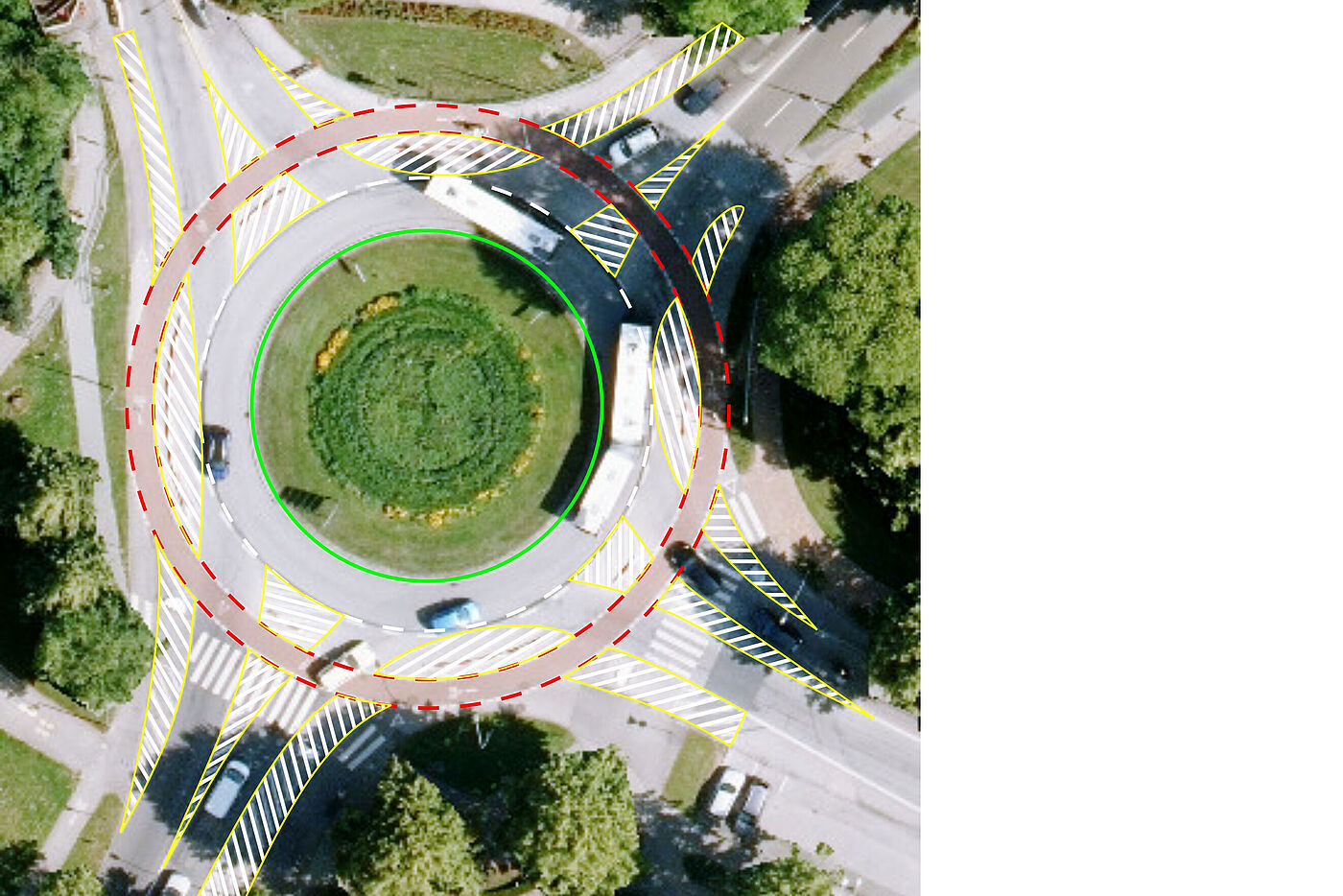 Luftbild des Mühlentorplatzes mit Hervorhebung der Fahrbahnmarkierungen als Overlay.