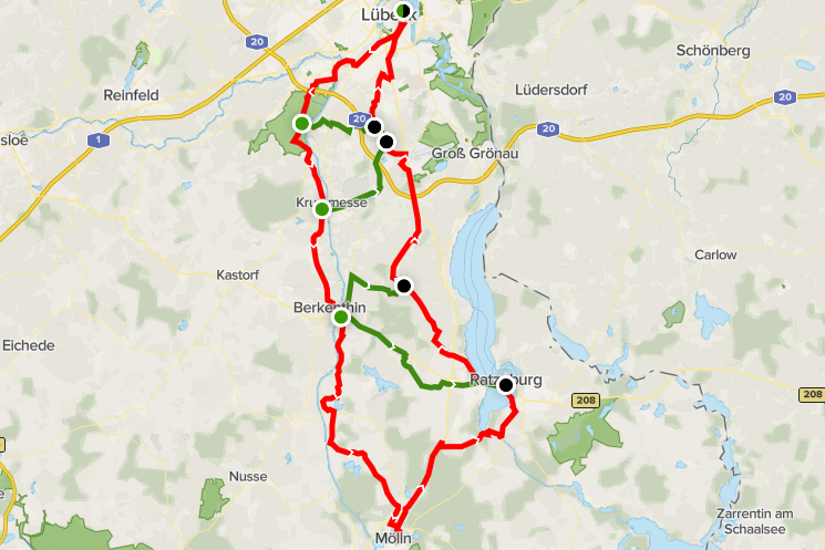 Kartenausschnitt mit dem Tourenverlauf von Lübeck nach Mölln