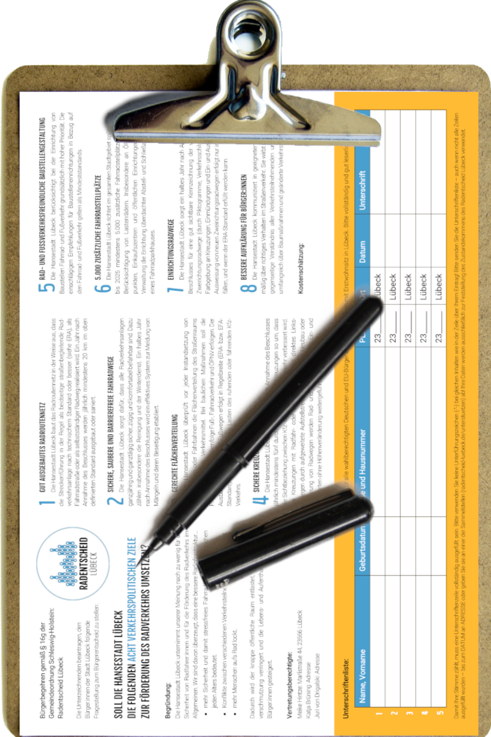 Unterschriftensammlung Radentscheid Unterschriftenliste mit den 8 Forderungen des Radentscheids