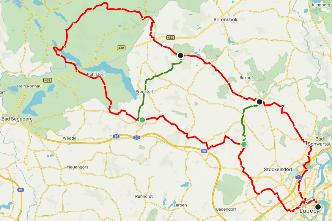 Eine Landkarte zeigt den Verlauf der Radtour von Lübeck zum Wardersee und zurück