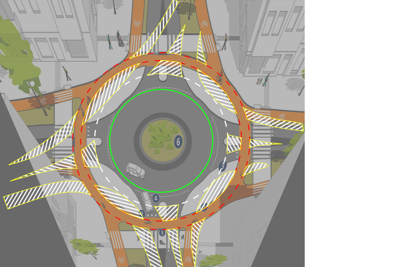 Zum Vergleich wurde die Zeichnung eines geschützten Kreisverkehrs nach niederländischem Vorbild mit den Fahrbanhnmarkierungen der momentanen (Anfang 2026) Ausführung des Mühlentorplatzes überlagert.